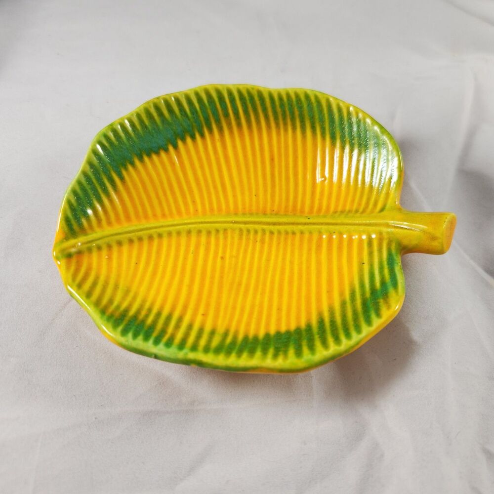 Vintage Japan Majolica Leaf Dish Green Yellow Ceramic Trinket Plate Mid Century
